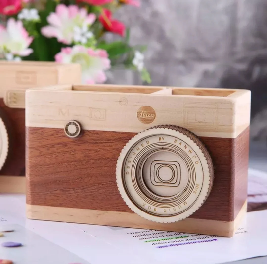 Camera Wooden Desktop Organizer, Unique Design Pen Holder, School, Office Stationery Holder, Pencil Storage Case, Party Favors