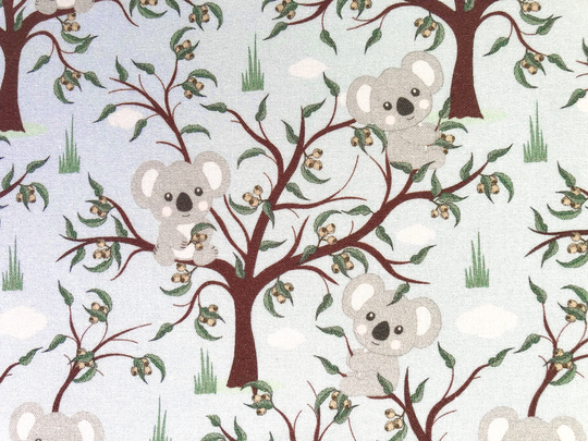 Koala in The Eucalyptus Tree Blue Floral Quilting Cotton Fabric By 1/2 Yard Or Fat Quarter, Australian Native Wild Bush Animal Bird