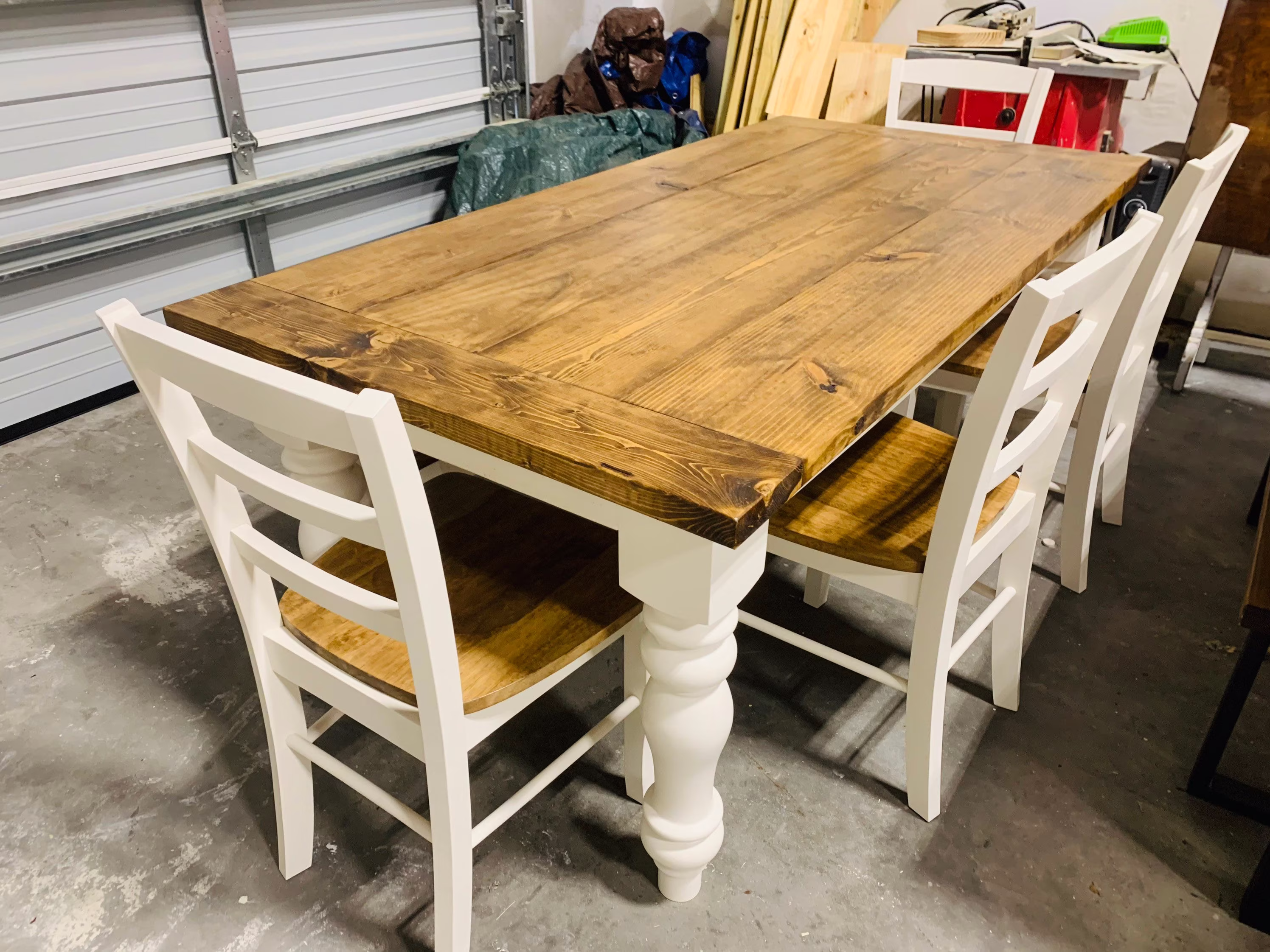 Rustic Farmhouse Table Set With Chunky Turned Legs & Breadboards, Bench Chairs Provincial Brown Top Antique White Base