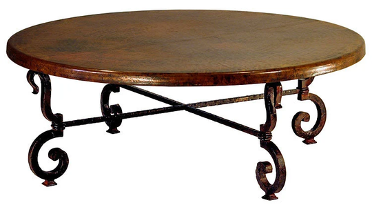 Copper Top. Round Coffee Table Made Of Hand Hammered Copper & Handforged Iron