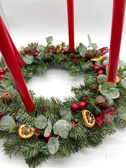 Advent Wreath For Dining Table, Christmas Centerpiece With Candles, Xmas Evergreen Farmhouse Arrangement, Holiday Traditional Decor