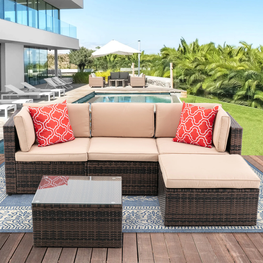 5Pcs Outdoor Garden Patio Furniture Set, PE Rattan Wicker Sectional Cushioned Sofa Sets with 2 Pillows and Coffee Table