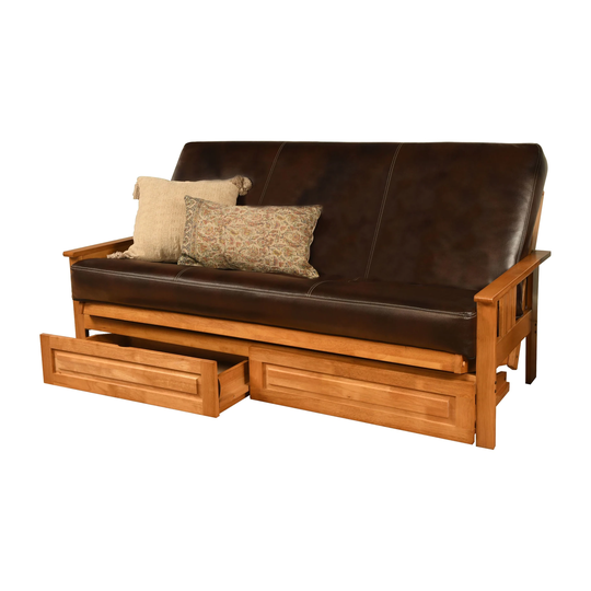 Somette Monterey Sofa in Butternut Finish with Storage and Removable Faux Leather Mattress Cover