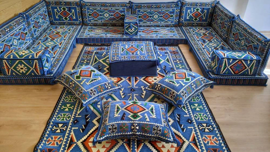U-Shaped Sofa Seat, Large Blue Floor Sofa, Modular Couch Set, Sectional Seating Arabic Style Living Room Furniture, Boho Ro