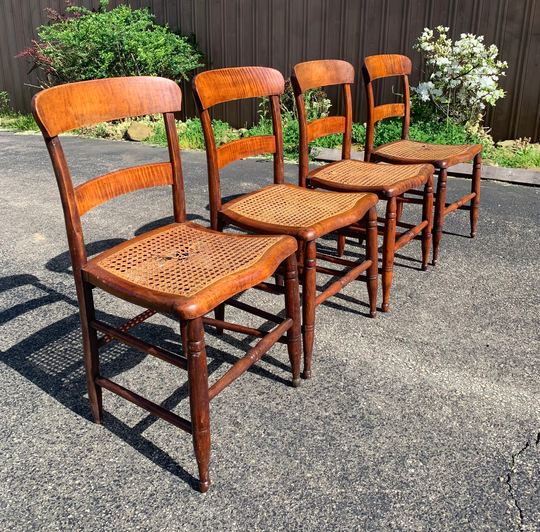 Set Of 4 Antique 1800S Tiger Maple Dining Chairs, Curly Rush Woven Wicker Seats