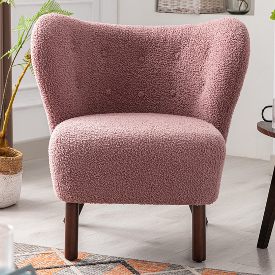 Accent Chair Lambskin Sherpa Wingback Button Tufted Curved Back Side Chair with Solid Wood Legs & Adjustable Front Foot Pads