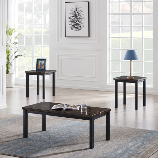 Faux Marble Top 3 Pieces Coffee Table Set with 2 End Tables