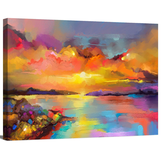 Colorful Modern Abstract Seascape Painting Landscape Scenic Rainbow Cloud Ocean Shore Wrapped Canvas Print Wall Art Office Decor Home