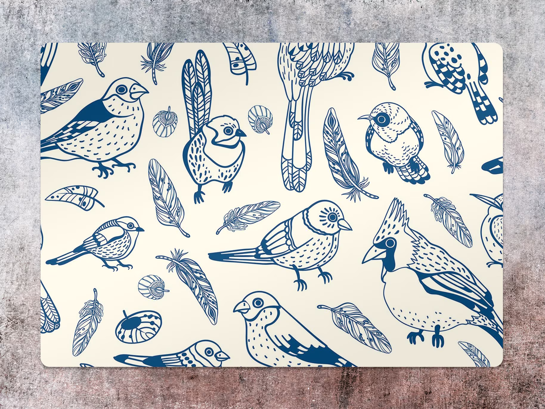 Drawn Birds Chair Mat, White Vinyl Floor Navy Protective Sketched Splat Pvc Flooring, Comfort Game Room Rug