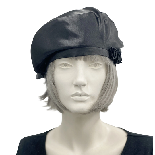 Cute Beret, Handmade in Black Satin With Three Rosettes, Vintage Style, Cocktail Hat, Best Friend Gifts