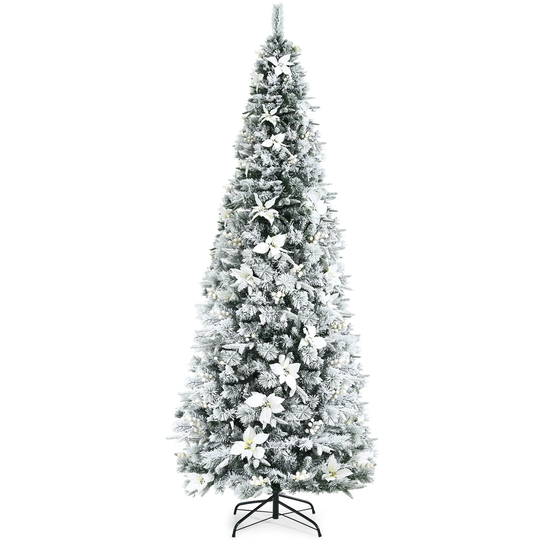 8 Feet Snow Flocked Christmas Pencil Tree with Berries and Poinsettia Flowers - 8 Feet