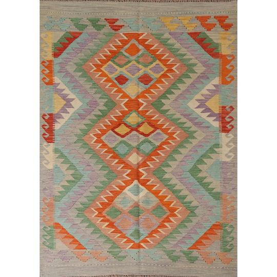 Kilim Reversible Area Rug Multi-Color Flat-weave Wool Carpet - 5'0" x 6'7"