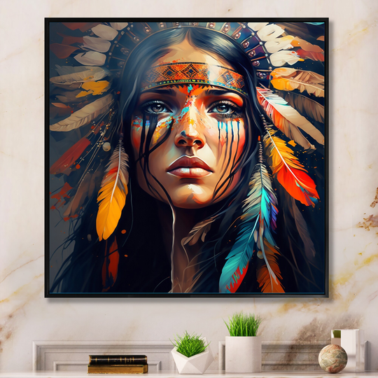 Designart 'Colorful Native American Woman VI' Contemporary Glam Framed Canvas Art Print