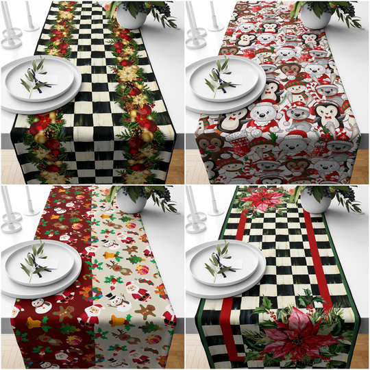 Winter Trend Table Runners|Snowman Animals Santa Cute Deer Runner|Floral Plaid Christmas Home Decor|Poinsettia Flower Print Tablecloth