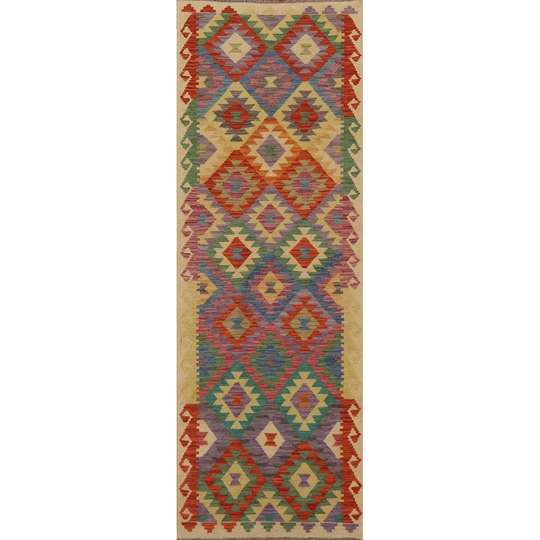 Reversible Multi-Color Kilim Runner Rug Hand-woven Wool Carpet - 2'8" x 9'6"