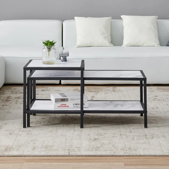 Modern Nesting coffee table Square & rectangle,Black metal frame with wood marble color top