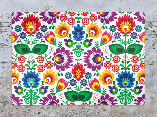 Floral Polish Chair Mat, Purple Vinyl Floor Yellow Protective Folk Splat Decorative Gift Idea, Game Room Rug