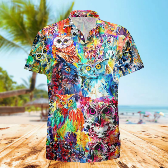 Owl Colorful Hawaii Shirt, Creature, Button Down Aloha Vintage Beach Lover Shirt