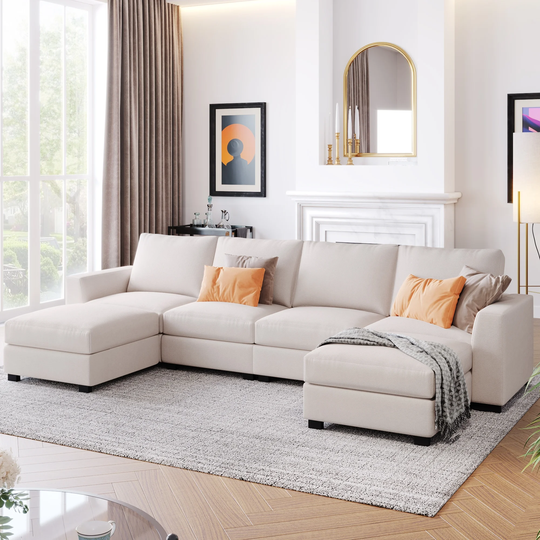 3 Pcs U Shaped Sectional Sofa, 130.7" 6 Seat Upholstered Modular Sofa with Removable Ottomans & Wide Square Arms for Living Room