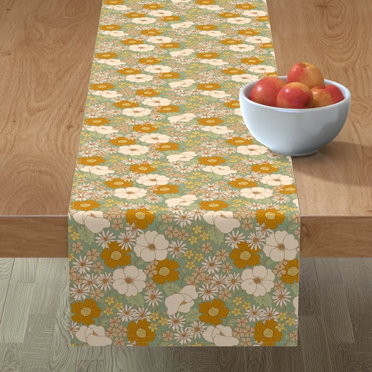 Retro Summer Table Runner - 70S Dalhia in Bloom By Morecandy Shop Hand Drawn Terra Cotta 60S Cotton Sateen Spoonflower