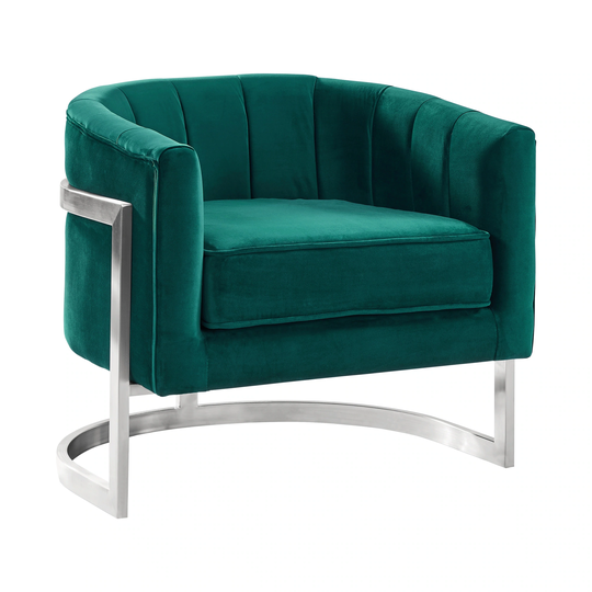 Armen Living Kamila Contemporary Accent Chair in Grey Velvet and Brushed Stainless Steel Finish
