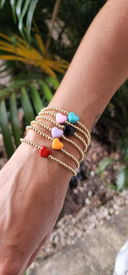 Heart Pendant Gold Filled Bracelet, Isabella Celini, Beads, Stretch Stacking Boho Chic, Gift For Women