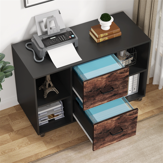 File Cabinet with 2 Drawers and 4 Open Shelves Wood Office Storage Cabinet