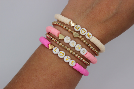 Mother's Day One Pink Personalized Custom Name Word Heishi Gold Bracelet