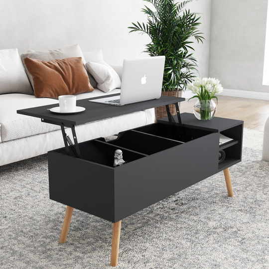 Coffee Table with Solid Wood Leg Rest,Liftable and Lowerable Table Top