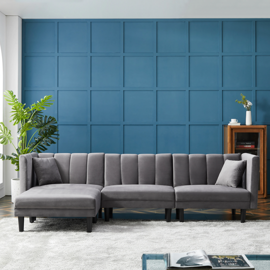 Reversible Sectional Sofa Sleeper L-shape Sofa Velvet Padded Sofa & Reversible Chaise with 2 Pillows & Detachable Armrests