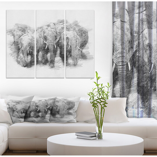 Designart 'Black and White Elephant in Pencil Sketch' Animals Print on Wrapped Canvas set - 36x28 - 3 Panels