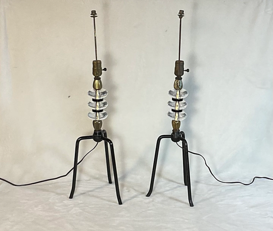 Pair Atomic Age Table Lamps Brass & Acrylic, Circa 50's