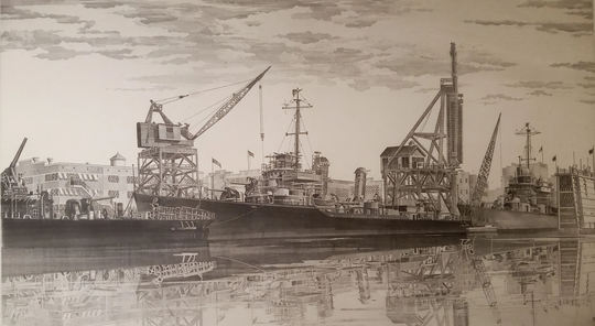 John Taylor Arms | American 1887-1953 "Destroyers in The Wet Basin", Etching. 1943, Pencil Signed, | Free Shipping