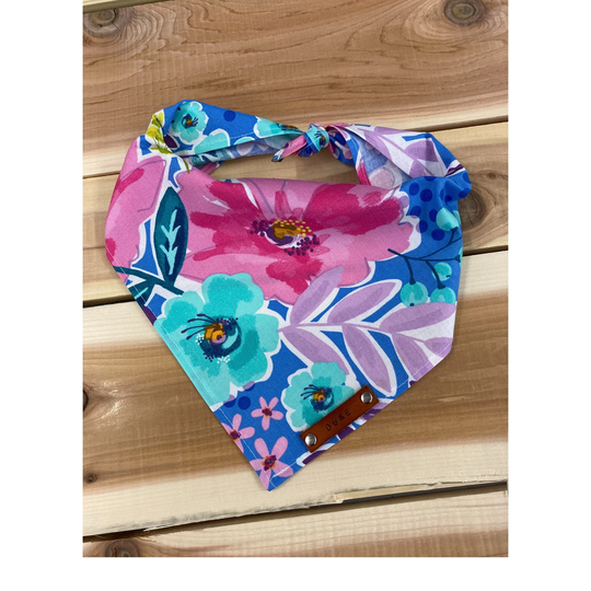 Dog Bandana, Blue & Pink Floral Traditional Tie, Personalized Leather Name Tag Bandanna, Scarf, Pet Accessories, Bandana