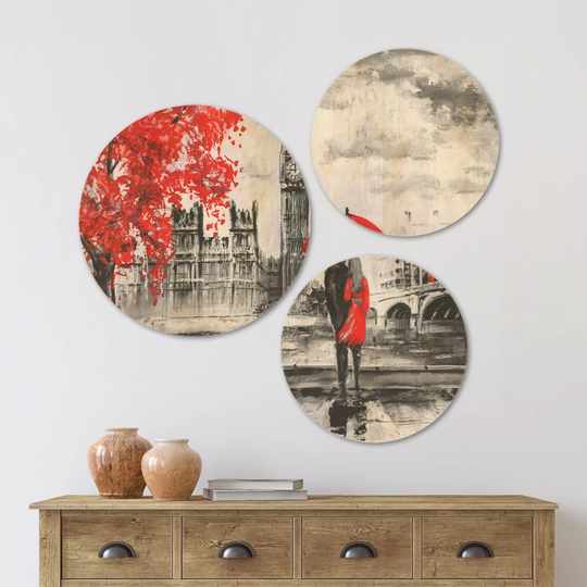 Designart 'Couples Walking in Paris' Landscape Wood Wall Art Set of 3 Circles - Multi-Color
