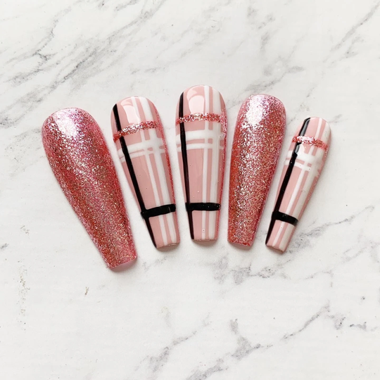 Reusable Rose Gold Glitter Pink Plaid Press On Nails