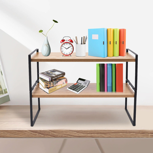 2 Tier Office Storage Rack Desktop Bookshelf with Metal Frame - 20*7.9*14in