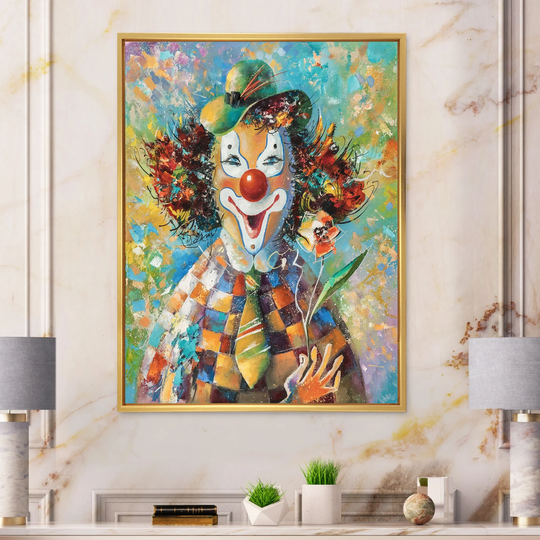 Designart 'Colorful Clown With A Flowers' Children's Art Framed Canvas Wall Art Print