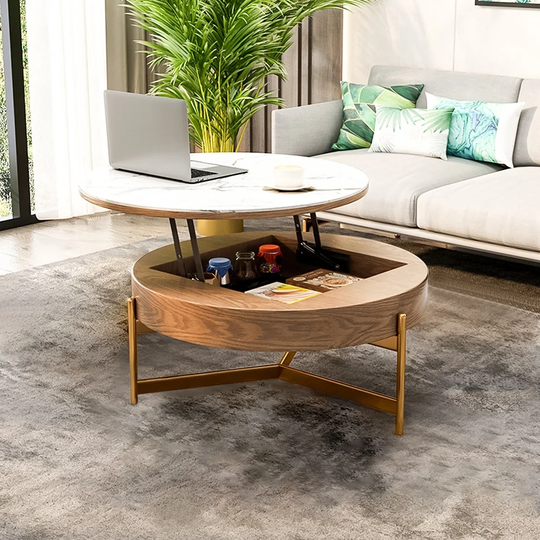 31" Lifting-top Round Modern Coffee Table with Storage, without Ottomans, Sintered Stone Top, Carbon Steel Legs