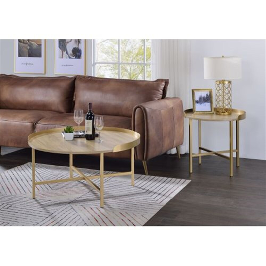 Coffee Table,Oak Table Top & Gold Finish with Cross Bar Metal Base