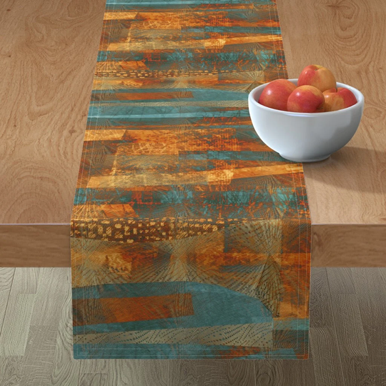 Color Blocking Table Runner - Copper Teal Abstract By Wren Leyland Landscape Turquoise Cotton Sateen Spoonflower