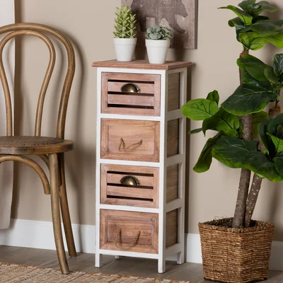 Madson Modern And Contemporary Two-Tone White And Oak Brown Finished Wood 4-Drawer Storage Unit
