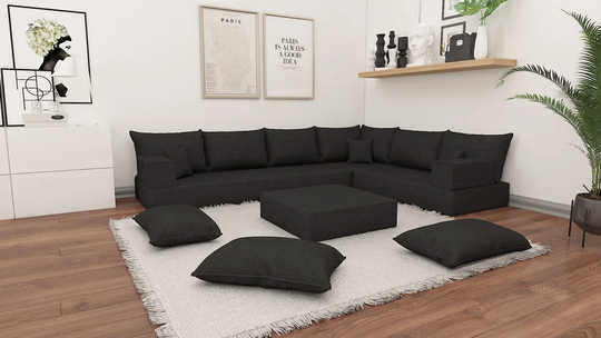 8" Thick Deep Black Corner Sofa, Linen Fabric Floor Sofas, Scandinavian Style Minimalist Cushion, Livingroom Home Decor Couch, K-055A