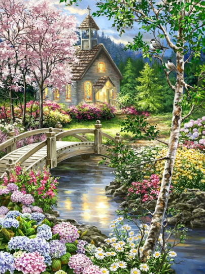 Church Across The Bridge Diy 5D Diamond Painting Kit Full Square & Round Drill
