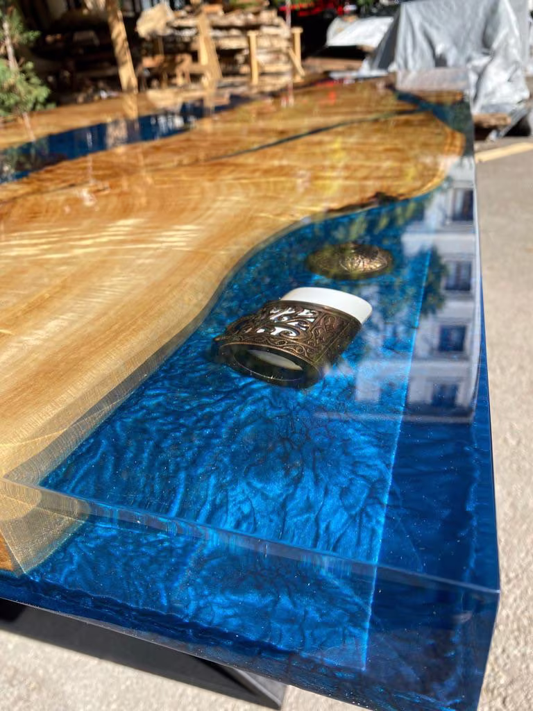 Poplar Epoxy Table, Handmade Custom 96" X 40" Wood Shiny Deep Blue Epoxy, River Aquarium Table Order For Allen