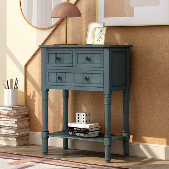 Global Pronex Narrow Console Table, Slim Sofa Table with Three Storage Drawers and Bottom Shelf for Living Room, Easy Assembl