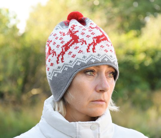 Red Winter Hat With Ear Flops Woolen Nordic Fair Isle Beanie Traditional Jacquard Christmas & Skiing Cap Wind Protective