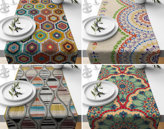 Colorful Table Runner, Geometric Top, Multicolored Cover, Rectangle Tablecloth, Decorative Kitchen Boho Runner