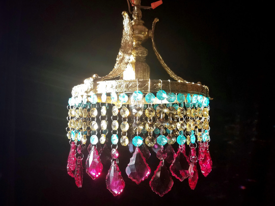 Colored Crystal Chandelier Lighting, One Of A Kind, Antique Brass & Leaded Crystal, 17"H. X 11"W