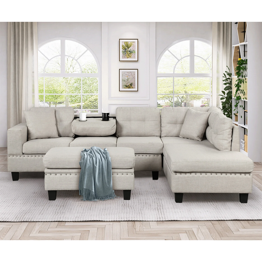 Modern Sectional Sofa with Storage Ottoman, L-Shape Couch, 2 Pillows